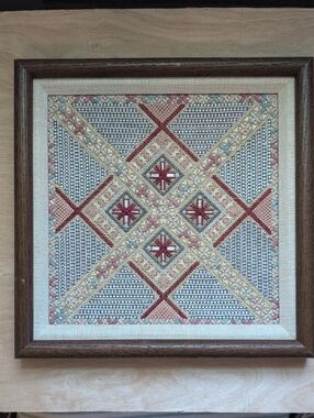 Vintage Needlework Cross-Stitch Framed Wall Art Muted Red Cream & Blue Peach